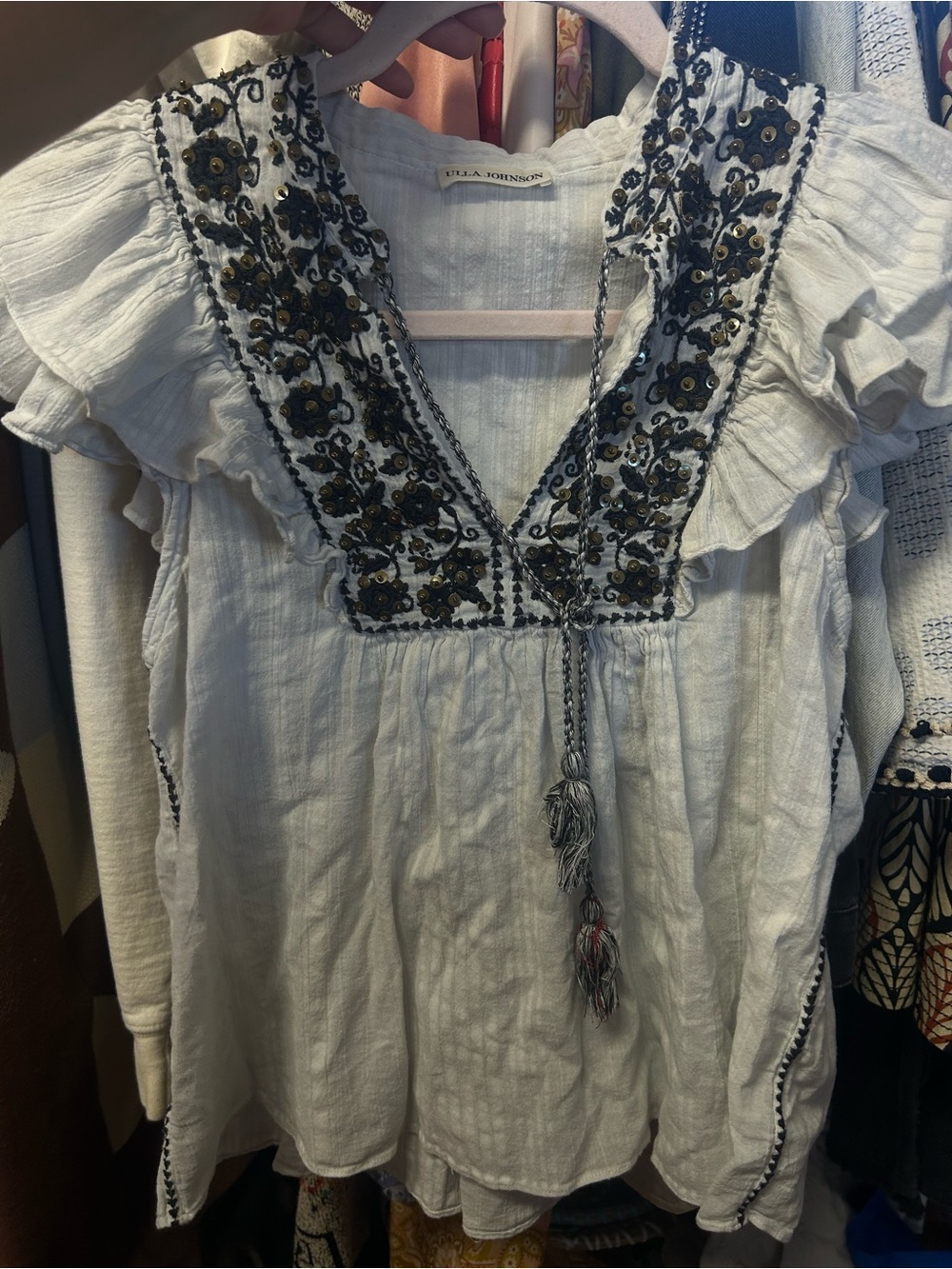 Ulla Johnson White Peasant Top with Black and Gold Embroidery